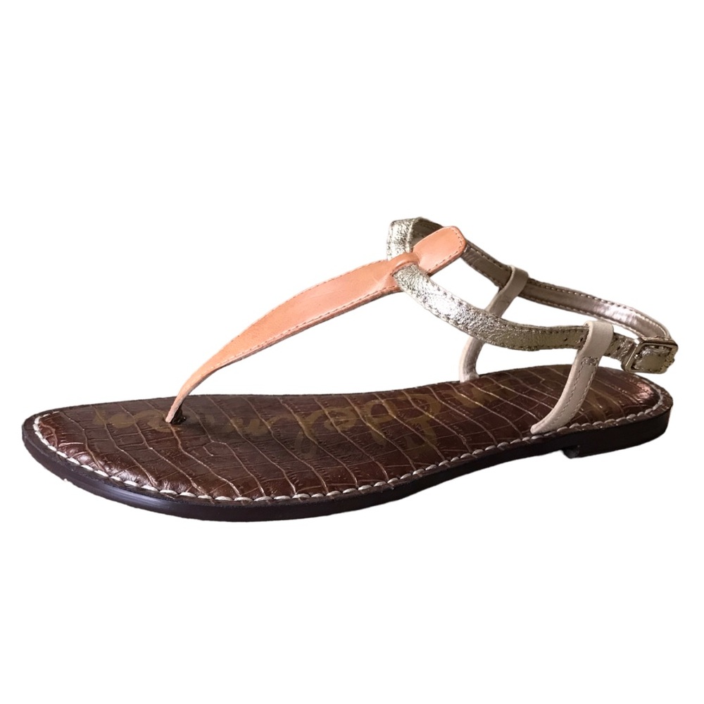 Sam Edelman 8.5 Wide Gigi Sandal Gold Ankle Adjustable Strap Tan Leather Flat